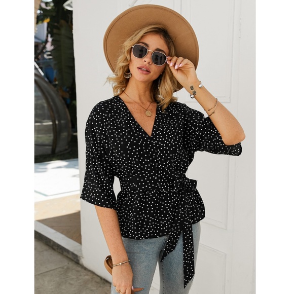 Rouge! Tops - Polka Dot V-Neck Wrap Belted Black Top